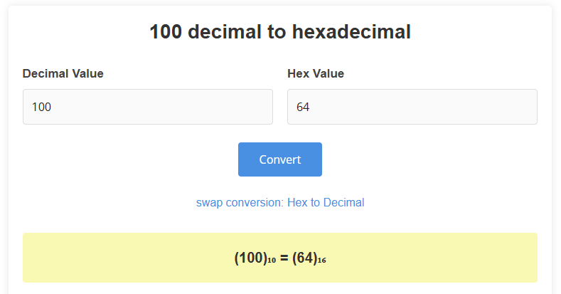 100 Decimal to Hexadecimal Converter