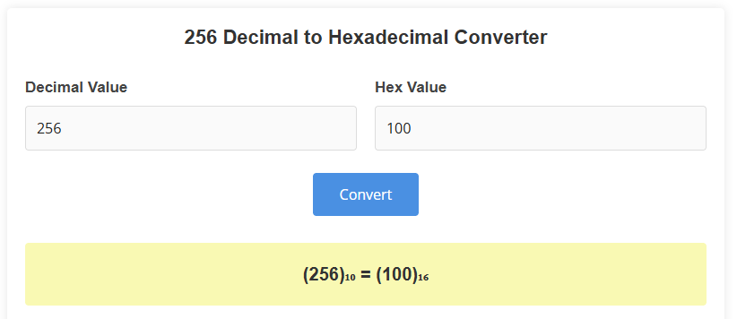 256 Decimal to Hexadecimal Converter