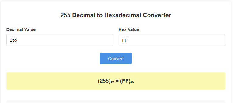 255 Decimal to Hexadecimal Converter