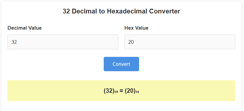 32 Decimal to Hexadecimal Converter