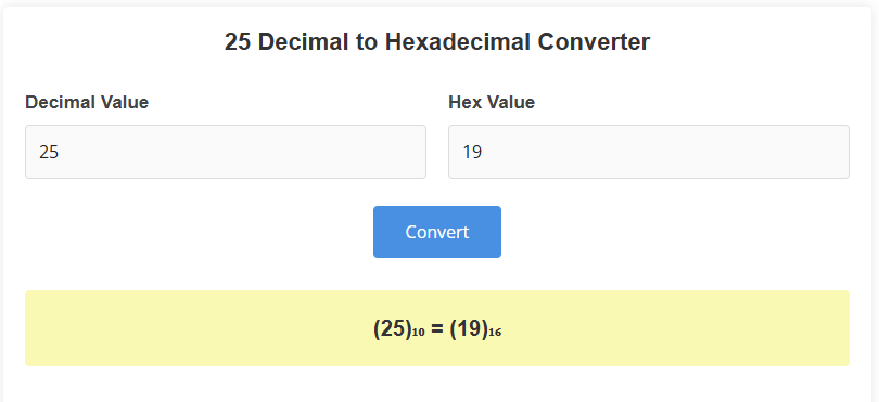 25 Decimal to Hexadecimal Converter